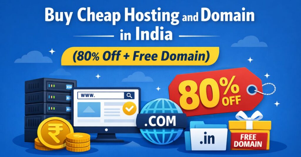 Buy cheap hosting and domain in India with 80% discount and free domain offer, showing server, website screen, .com and .in domain.