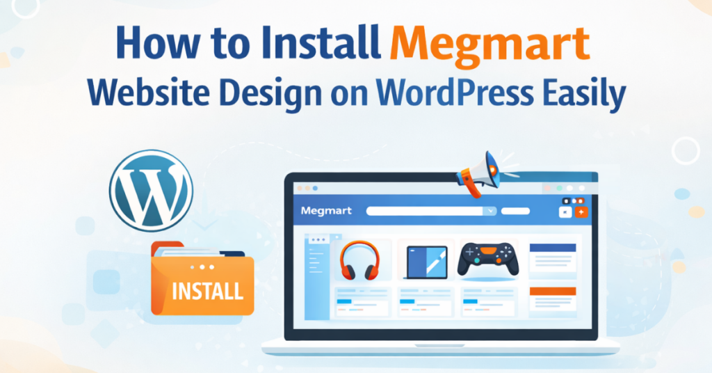 How to Install Megmart Website Design on WordPress Easily blog banner with light background, WordPress logo, install icon, and website preview on laptop screen.