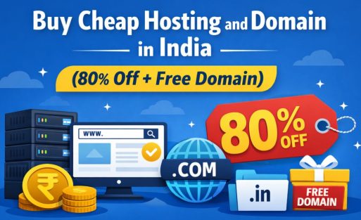 Buy cheap hosting and domain in India with 80% discount and free domain offer, showing server, website screen, .com and .in domain.