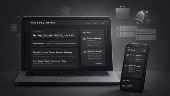 Modern job alerts and news blog website banner showing laptop and mobile screens with clean UI, job listings, notifications, and professional design in blue and grey theme